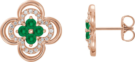 14K Gold Round Natural Emerald Clover Earrings – 2.5mm Stones - Rose Gold