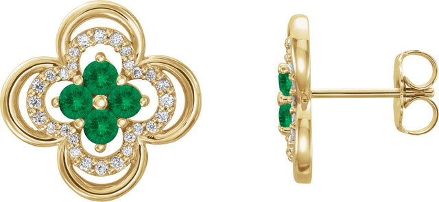 14K Gold Round Natural Emerald Clover Earrings – 2.5mm Stones - Yellow Gold