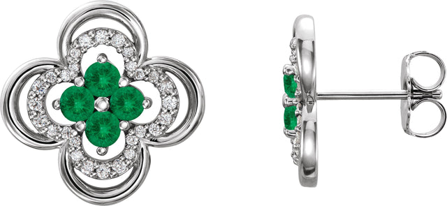 14K Gold Round Natural Emerald Clover Earrings – 2.5mm Stones - White Gold