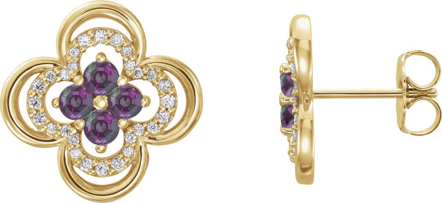14K Gold Round Natural Alexandrite Clover Earrings – 2.5mm Stones - Yellow Gold