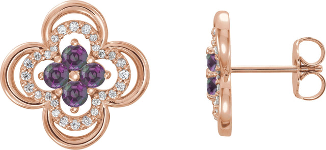 14K Gold Round Natural Alexandrite Clover Earrings – 2.5mm Stones - Rose Gold