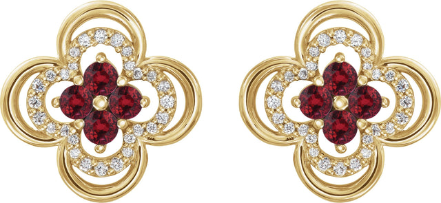 14K Gold Round Natural Ruby Clover Earrings – 2.5mm Stones - Yellow Gold - view 2