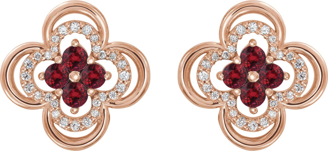 14K Gold Round Natural Ruby Clover Earrings – 2.5mm Stones - Rose Gold - view 2