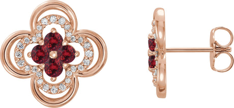 14K Gold Round Natural Ruby Clover Earrings – 2.5mm Stones - Rose Gold