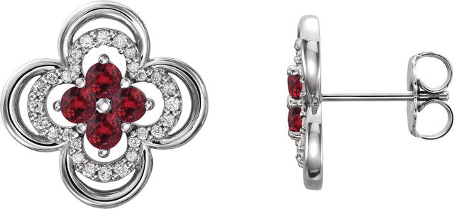 14K Gold Round Natural Ruby Clover Earrings – 2.5mm Stones - White Gold