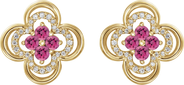 14K Gold Round Natural Pink Tourmaline Clover Earrings – 2.5mm Stones - Yellow Gold - view 2
