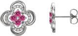 14K Gold Round Natural Pink Tourmaline Clover Earrings – 2.5mm Stones - White Gold