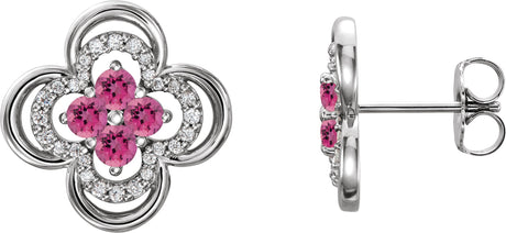 14K Gold Round Natural Pink Tourmaline Clover Earrings – 2.5mm Stones - White Gold
