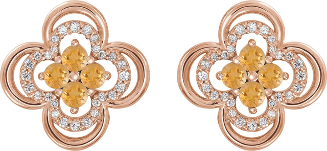 14K Gold Round Natural Citrine Clover Earrings – 2.5mm Stones - Rose Gold - view 2