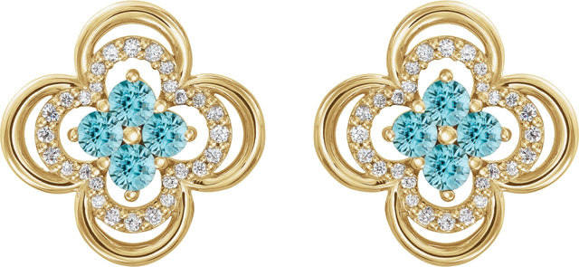 14K Gold Round Natural Blue Zircon Clover Earrings – 2.5mm Stones - Yellow Gold - view 2
