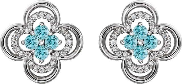 Platinum Round Natural Blue Zircon Clover Earrings – 2.5mm Stones - view 2