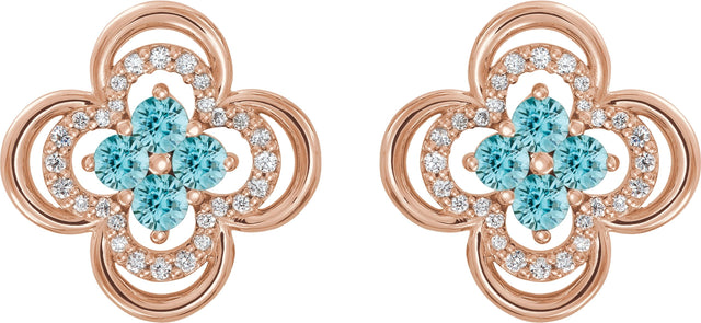 14K Gold Round Natural Blue Zircon Clover Earrings – 2.5mm Stones - Rose Gold - view 2