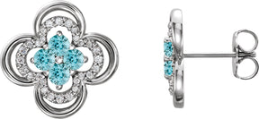 14K Gold Round Natural Blue Zircon Clover Earrings – 2.5mm Stones - White Gold