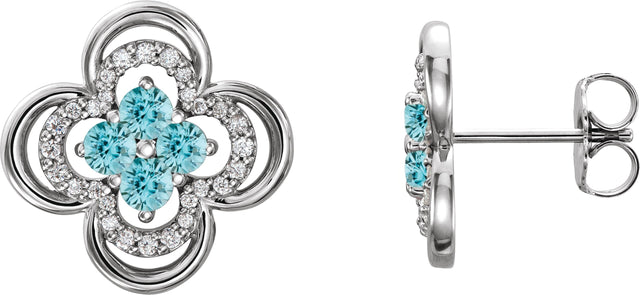 14K Gold Round Natural Blue Zircon Clover Earrings – 2.5mm Stones - White Gold