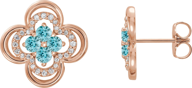 14K Gold Round Natural Blue Zircon Clover Earrings – 2.5mm Stones - Rose Gold