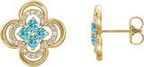 14K Gold Round Natural Blue Zircon Clover Earrings – 2.5mm Stones - Yellow Gold