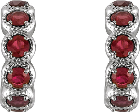 Platinum Round Natural Mozambique Garnet Accented Hoop Earrings - view 2