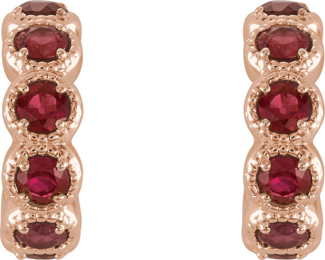 14K Gold Round Lab-Grown Ruby Accented Hoop Earrings - Rose Gold - view 2