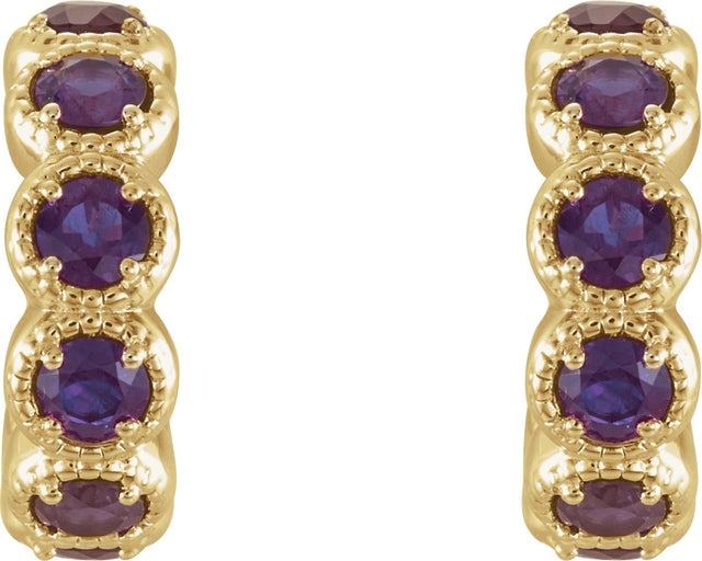 14K Gold Round Natural Amethyst Accented Hoop Earrings - Yellow Gold - view 2