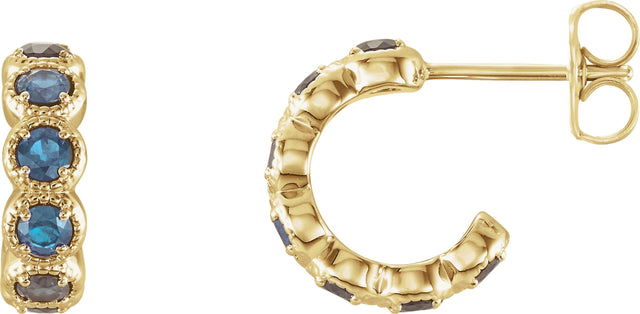 14K Gold Round Natural Aquamarine Accented Hoop Earrings - Yellow Gold