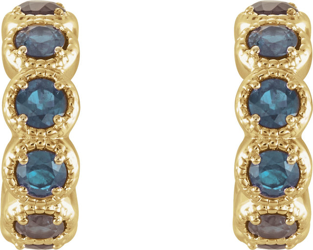 14K Gold Round Natural Aquamarine Accented Hoop Earrings - Yellow Gold - view 2