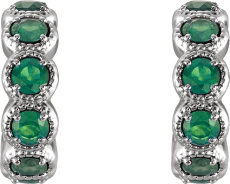 Platinum Round Natural Emerald Accented Hoop Earrings - view 2