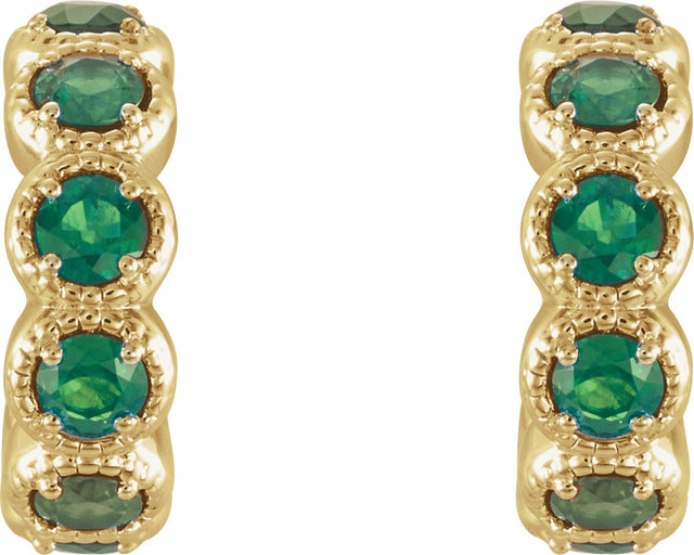 14K Gold Round Natural Emerald Accented Hoop Earrings - Yellow Gold - view 2