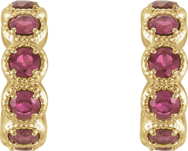 14K Gold Round Natural Pink Tourmaline Accented Hoop Earrings - Yellow Gold - view 2