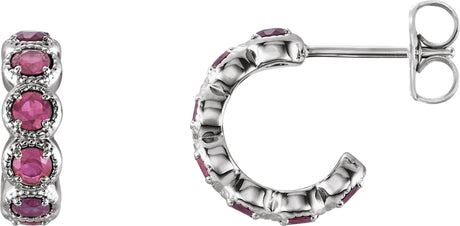 14K Gold Round Natural Pink Tourmaline Accented Hoop Earrings - White Gold