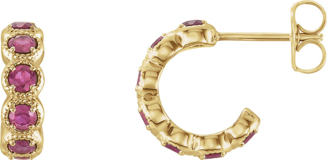 14K Gold Round Natural Pink Tourmaline Accented Hoop Earrings - Yellow Gold