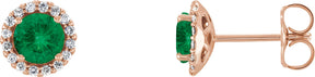 14K Gold Natural Emerald Round 4-Prong Halo-Style Earrings – 3-5.5mm Stones - Rose Gold