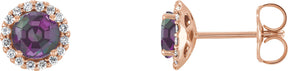 14K Gold Lab-Grown Alexandrite Round 4-Prong Halo-Style Earrings – 3-6mm Stones - Rose Gold
