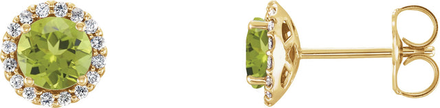 14K Gold Natural Peridot Round 4-Prong Halo-Style Earrings – 3-6mm Stones - Yellow Gold