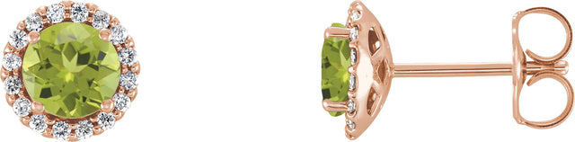 14K Gold Natural Peridot Round 4-Prong Halo-Style Earrings – 3-6mm Stones - Rose Gold