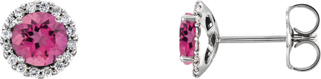 Platinum Natural Pink Tourmaline Round 4-Prong Halo-Style Earrings – 3-6mm Stones