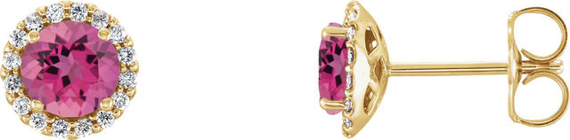 14K Gold Natural Pink Tourmaline Round 4-Prong Halo-Style Earrings – 3-6mm Stones - Yellow Gold