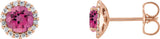 14K Gold Natural Pink Tourmaline Round 4-Prong Halo-Style Earrings – 3-6mm Stones - Rose Gold