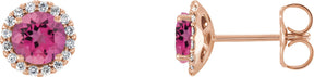 14K Gold Natural Pink Tourmaline Round 4-Prong Halo-Style Earrings – 3-6mm Stones - Rose Gold
