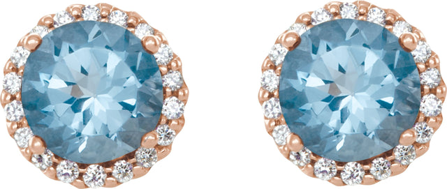 14K Gold Natural Aquamarine Round 4-Prong Halo-Style Earrings – 3-6mm Stones - Rose Gold - view 2
