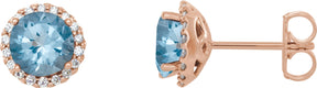 14K Gold Natural Aquamarine Round 4-Prong Halo-Style Earrings – 3-6mm Stones - Rose Gold
