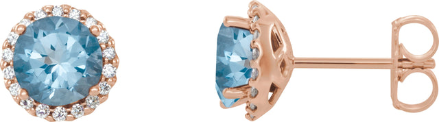 14K Gold Natural Aquamarine Round 4-Prong Halo-Style Earrings – 3-6mm Stones - Rose Gold