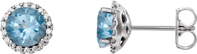 14K Gold Natural Aquamarine Round 4-Prong Halo-Style Earrings – 3-6mm Stones - White Gold