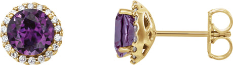 14K Gold Lab-Grown Alexandrite Round 4-Prong Halo-Style Earrings – 3-6mm Stones - Yellow Gold