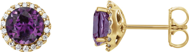 14K Gold Lab-Grown Alexandrite Round 4-Prong Halo-Style Earrings – 3-6mm Stones - Yellow Gold