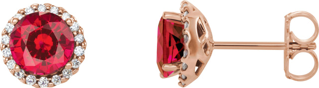 14K Gold Lab-Grown Ruby Round 4-Prong Halo-Style Earrings – 3-6mm Stones - Rose Gold
