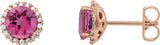14K Gold Natural Pink Tourmaline Round 4-Prong Halo-Style Earrings – 3-6mm Stones - Rose Gold