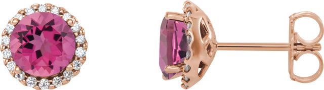 14K Gold Natural Pink Tourmaline Round 4-Prong Halo-Style Earrings – 3-6mm Stones - Rose Gold