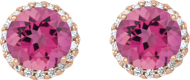 14K Gold Natural Pink Tourmaline Round 4-Prong Halo-Style Earrings – 3-6mm Stones - Rose Gold - view 2