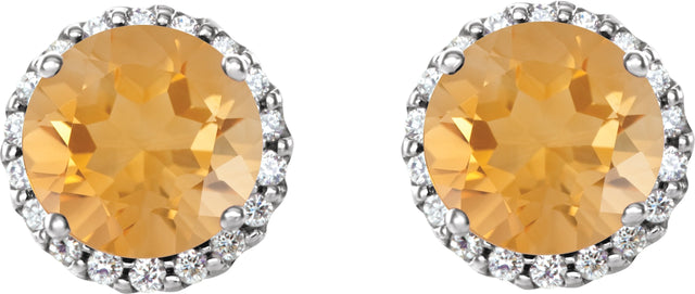 14K Gold Natural Citrine Round 4-Prong Halo-Style Earrings – 3-6mm Stones - White Gold - view 2