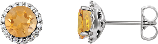 14K Gold Natural Citrine Round 4-Prong Halo-Style Earrings – 3-6mm Stones - White Gold